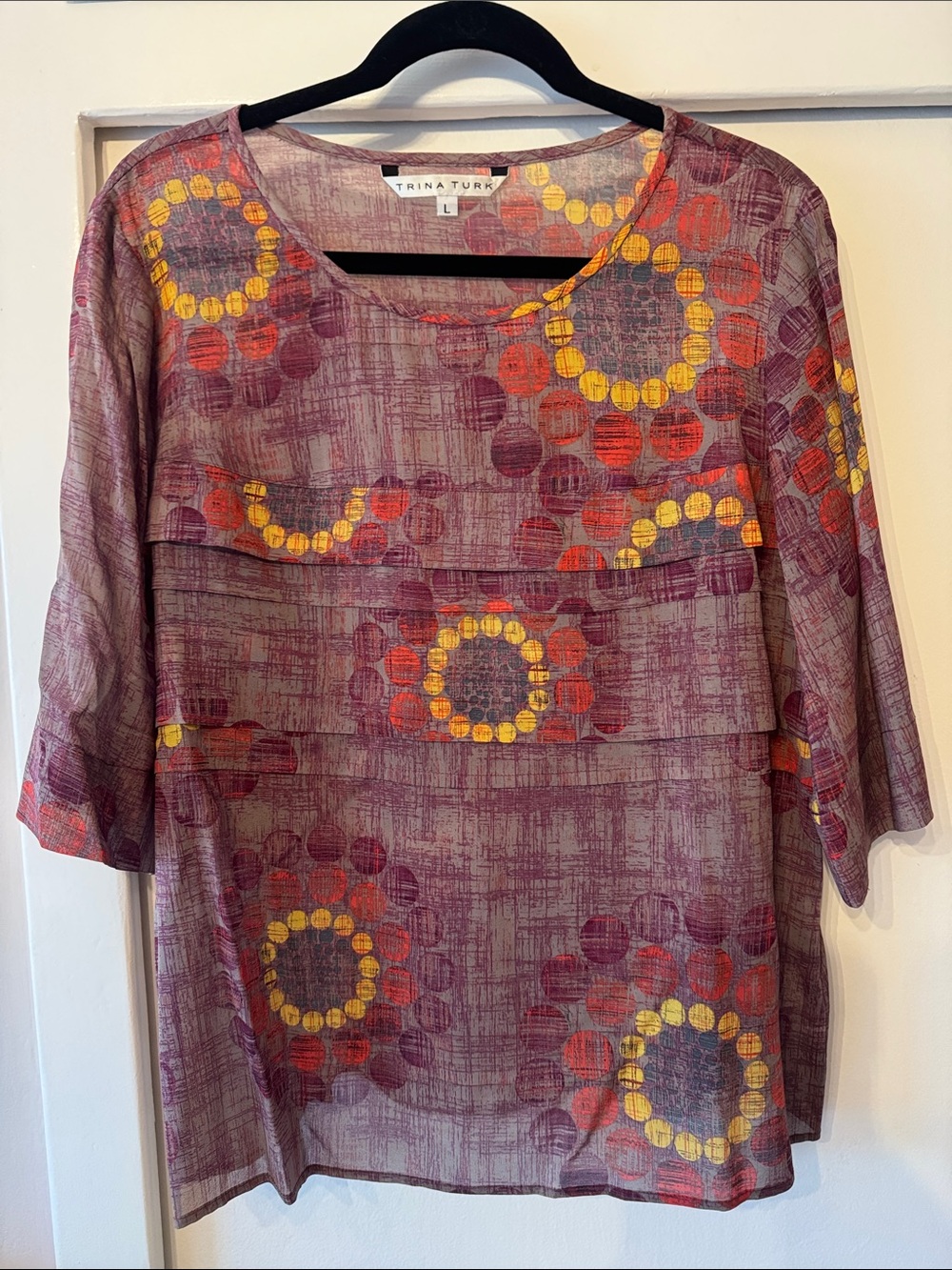 Trina Turk Purple Blouse with Yellow and Orange Circular Print